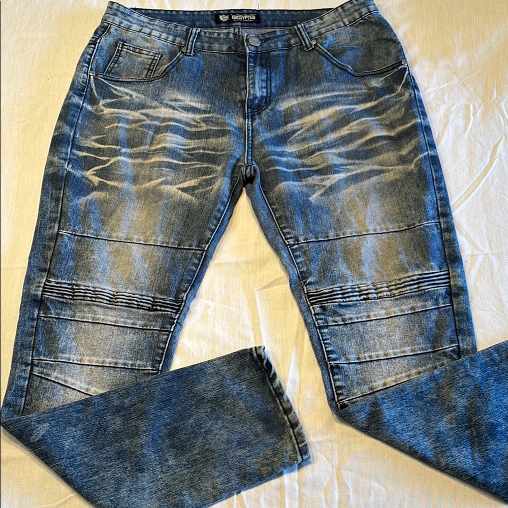 Encrypted Slim Blue Moto-Style Jeans with Ribbed Knee Panels , 34/32 , $20